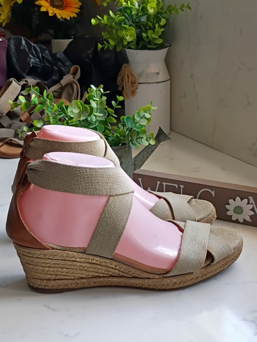 Tory Burch Wedge Espadrille Sandals in Beige with Ankle Wrap